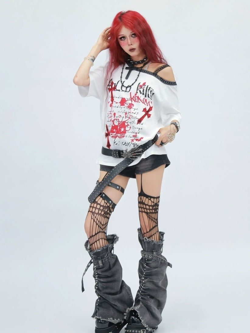 NANAICHILLI Printed Creative Streetwear Loose Fit Crewneck Cotton Black T-Shirt