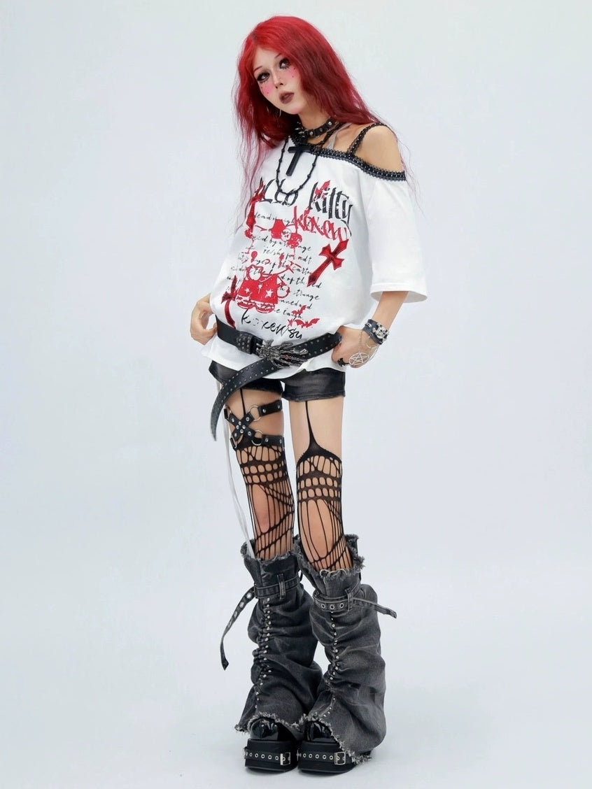 NANAICHILLI Printed Creative Streetwear Loose Fit Crewneck Cotton Black T-Shirt