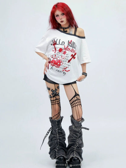 NANAICHILLI Printed Creative Streetwear Loose Fit Crewneck Cotton Black T-Shirt