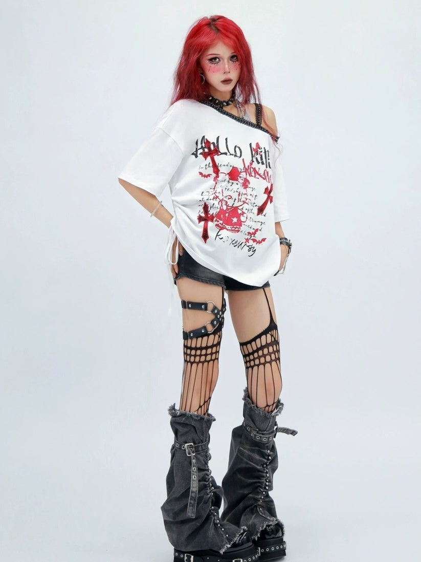 NANAICHILLI Printed Creative Streetwear Loose Fit Crewneck Cotton Black T-Shirt