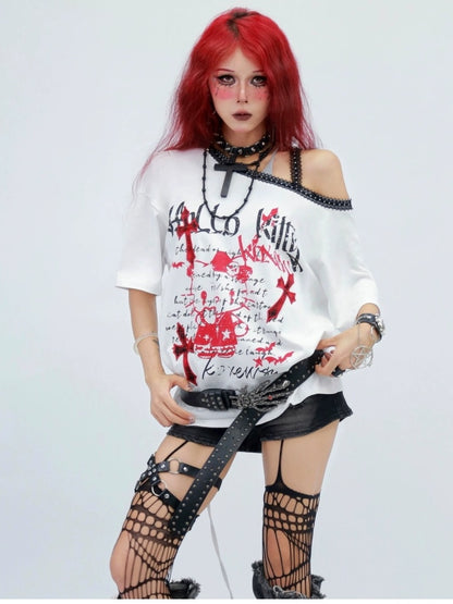 NANAICHILLI Printed Creative Streetwear Loose Fit Crewneck Cotton Black T-Shirt