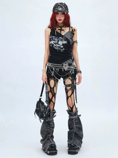 NANAICHILLI Quick Dry Cotton Stretch Slim Fit Street V Neck Cross Print Men Tank Top