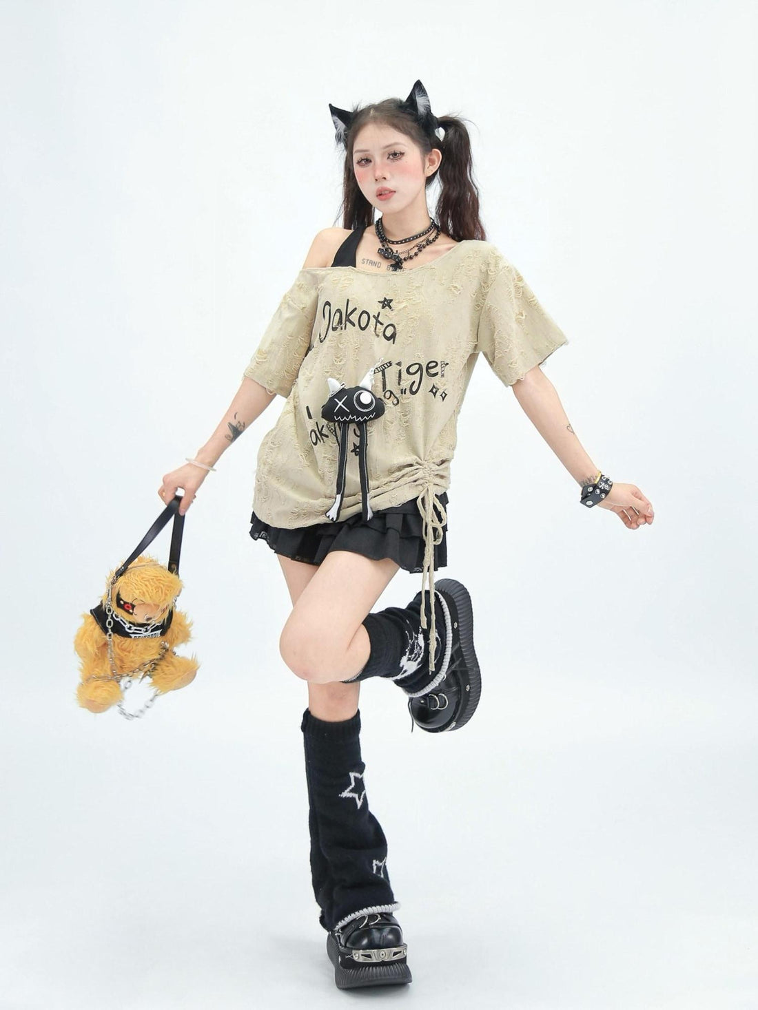 NANAICHILLI Quick Dry Creative Print Loose Fit Street Asymmetrical Neck Youth T-Shirt