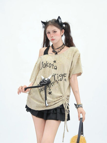 NANAICHILLI Quick Dry Creative Print Loose Fit Street Asymmetrical Neck Youth T-Shirt