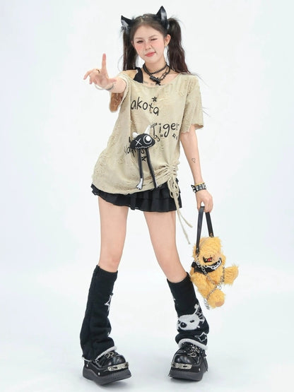 NANAICHILLI Quick Dry Creative Print Loose Fit Street Asymmetrical Neck Youth T-Shirt