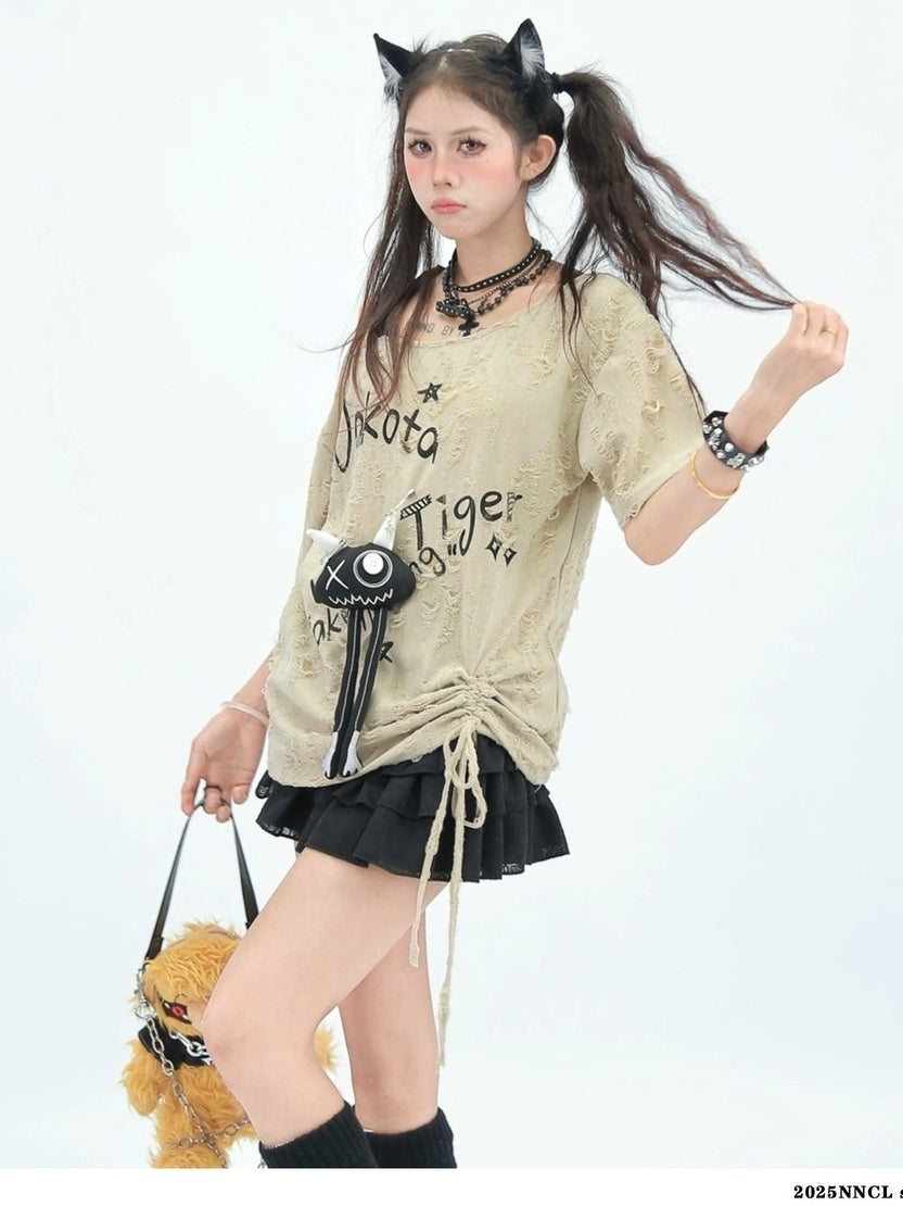 NANAICHILLI Quick Dry Creative Print Loose Fit Street Asymmetrical Neck Youth T-Shirt