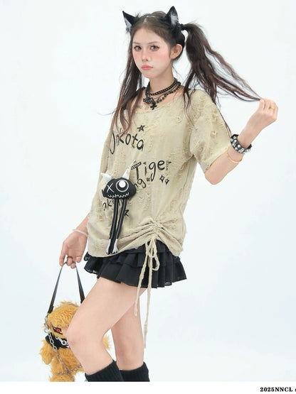 NANAICHILLI Quick Dry Creative Print Loose Fit Street Asymmetrical Neck Youth T-Shirt