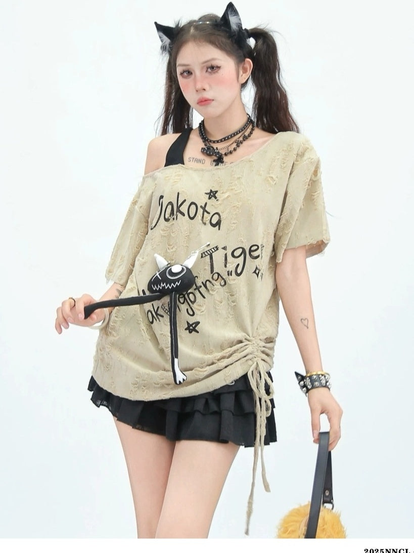 NANAICHILLI Quick Dry Creative Print Loose Fit Street Asymmetrical Neck Youth T-Shirt