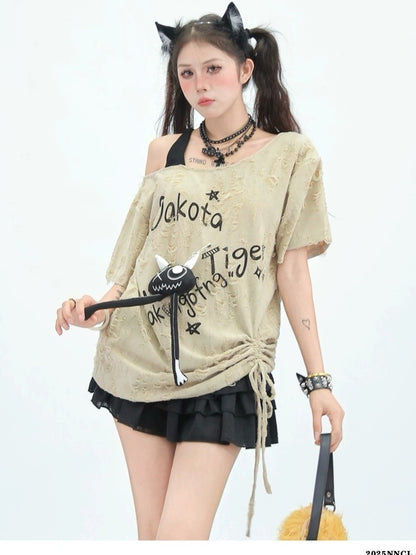 NANAICHILLI Quick Dry Creative Print Loose Fit Street Asymmetrical Neck Youth T-Shirt