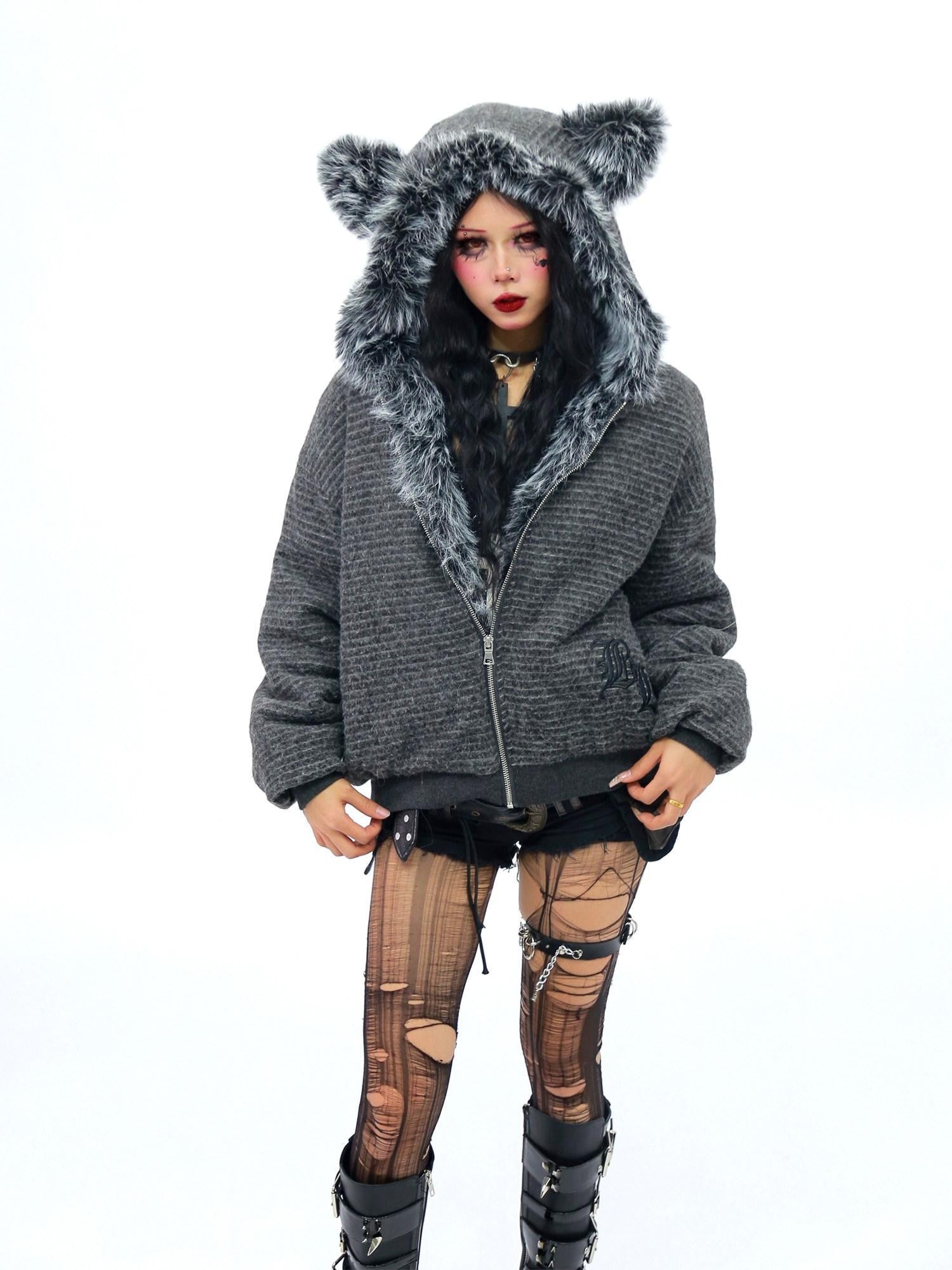 NANAICHILLI Rabbit Ear Striped Zip Hooded Oversized Women&