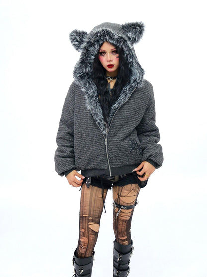 NANAICHILLI Rabbit Ear Striped Zip Hooded Oversized Women&