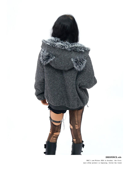 NANAICHILLI Rabbit Ear Striped Zip Hooded Oversized Women&