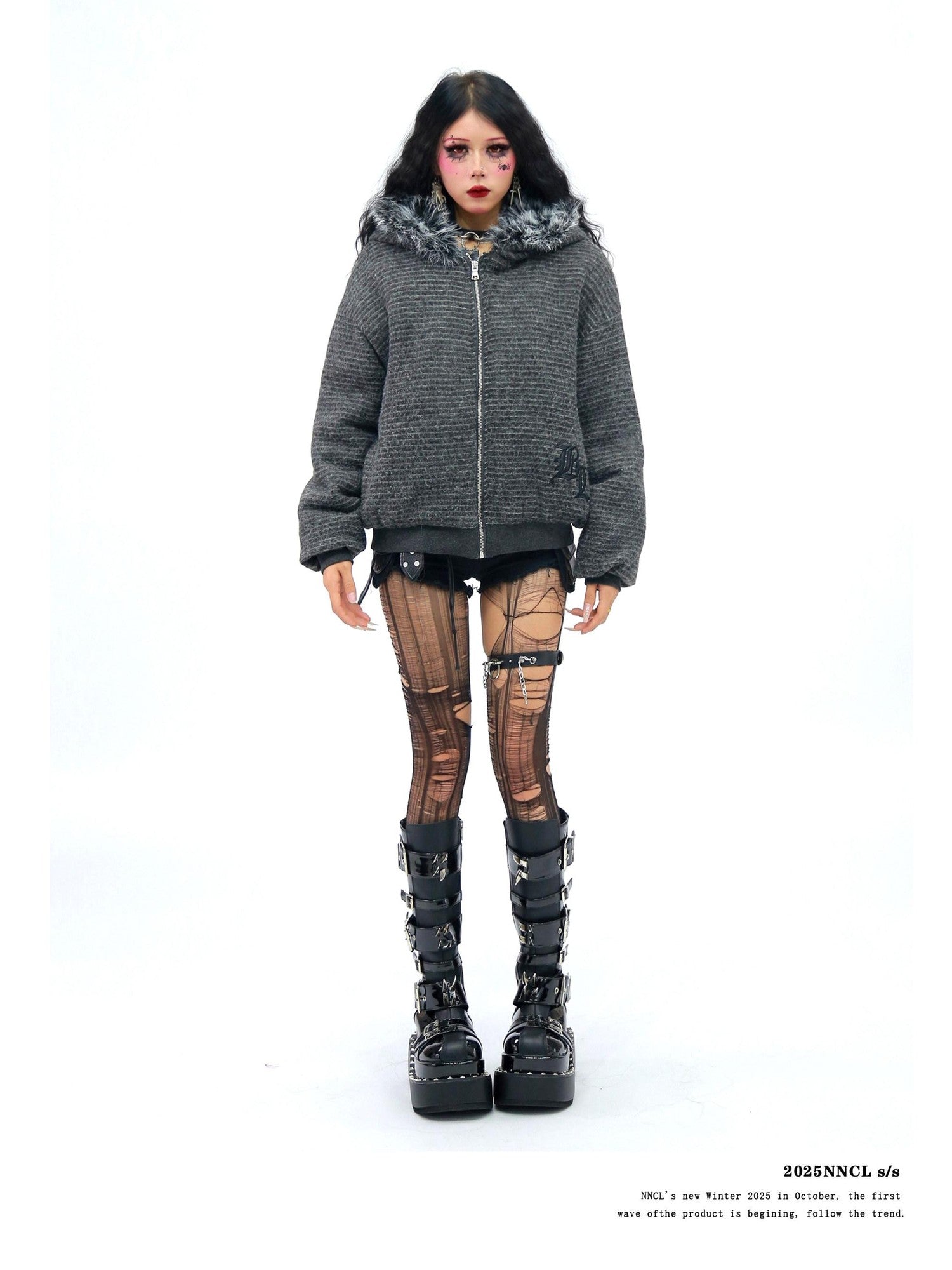NANAICHILLI Rabbit Ear Striped Zip Hooded Oversized Women&