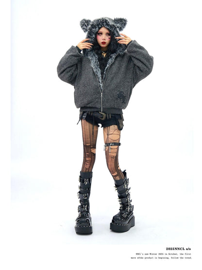 NANAICHILLI Rabbit Ear Striped Zip Hooded Oversized Women&