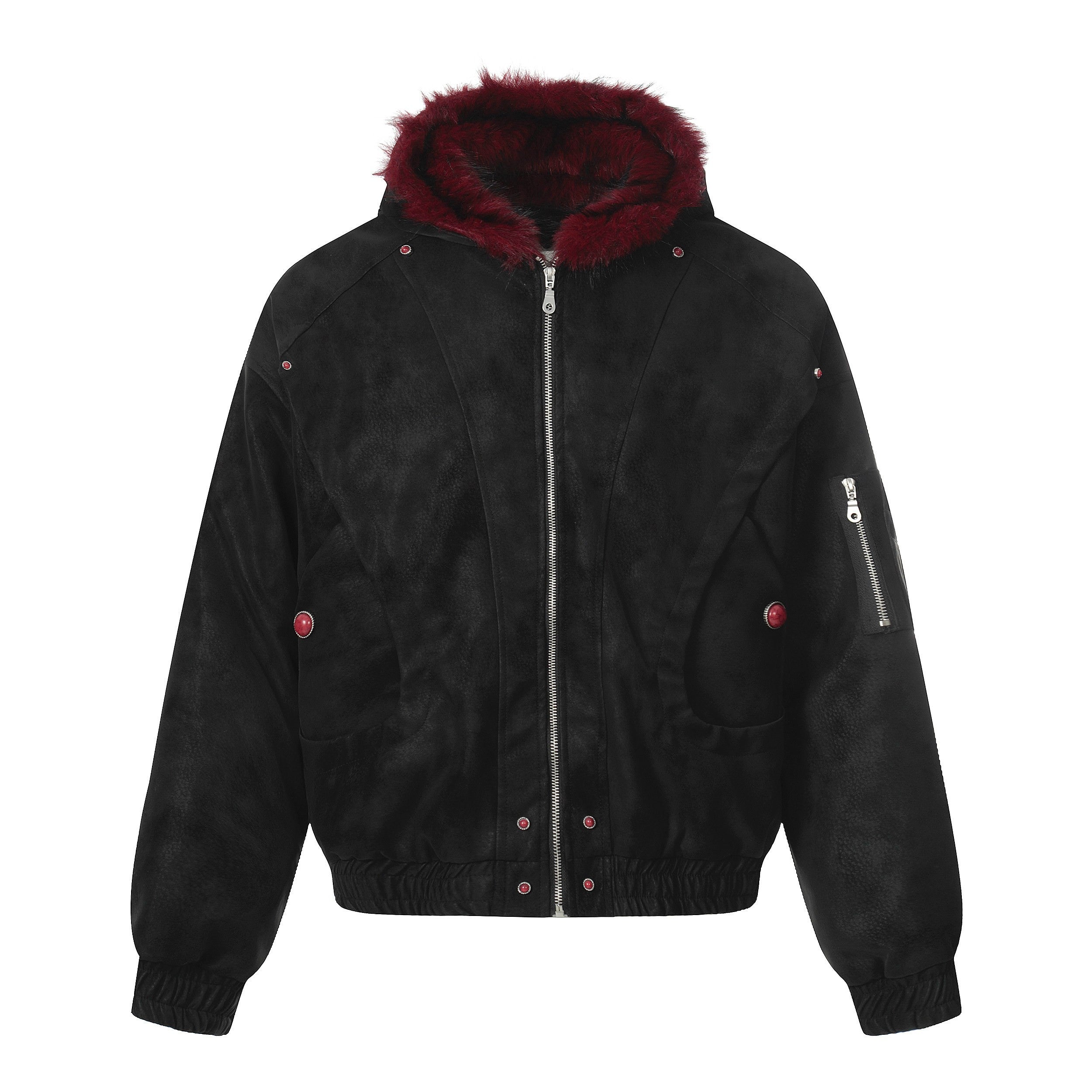 NANAICHILLI_Red_Fur_Collar_Hooded_Loose_Fit_Women&