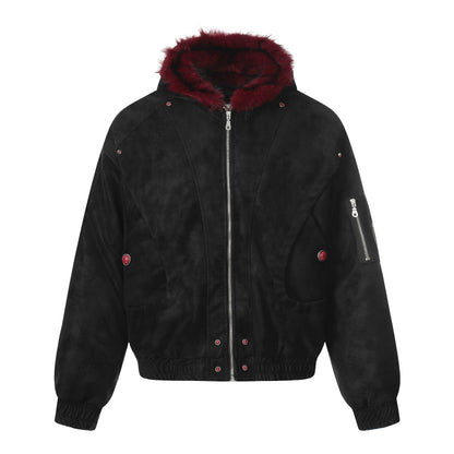 NANAICHILLI_Red_Fur_Collar_Hooded_Loose_Fit_Women&