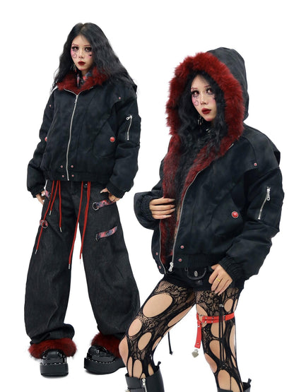 NANAICHILLI Red Fur Collar Hooded Loose Fit Women&