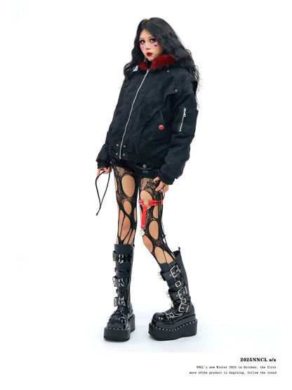 NANAICHILLI Red Fur Collar Hooded Loose Fit Women&