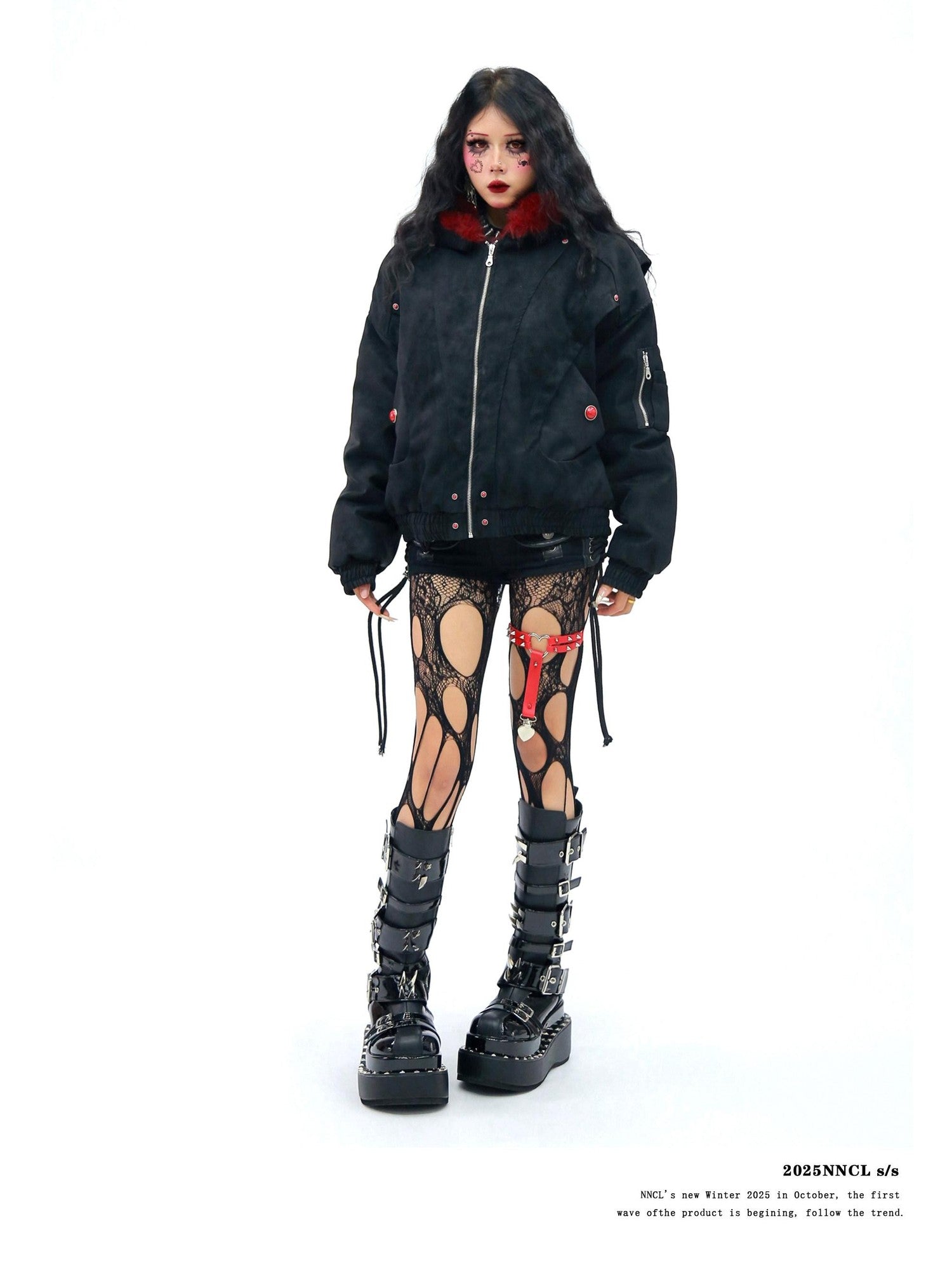 NANAICHILLI Red Fur Collar Hooded Loose Fit Women&
