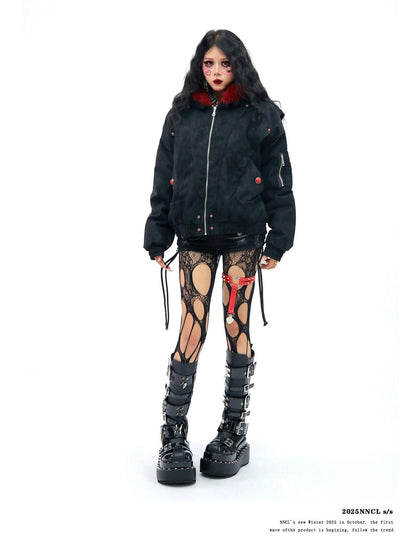 NANAICHILLI Red Fur Collar Hooded Loose Fit Women&