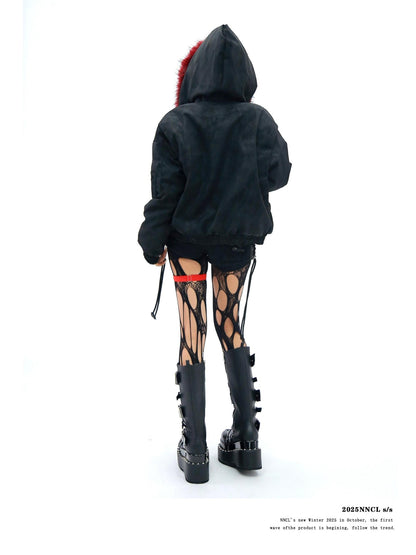 NANAICHILLI Red Fur Collar Hooded Loose Fit Women&