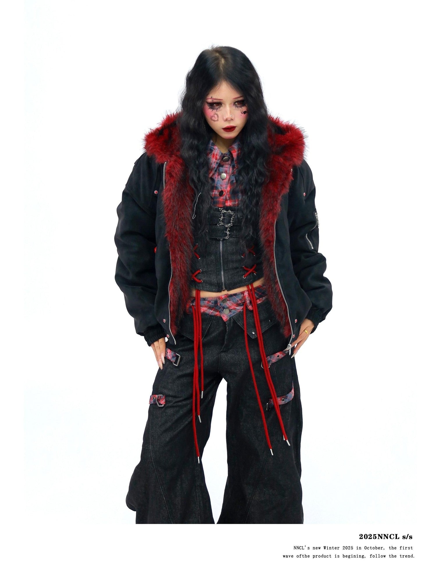NANAICHILLI Red Fur Collar Hooded Loose Fit Women&