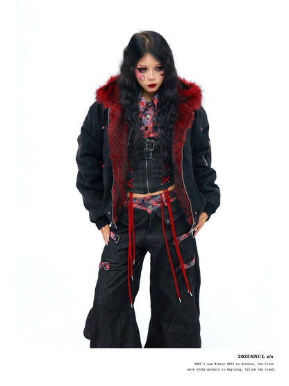 NANAICHILLI Red Fur Collar Hooded Loose Fit Women&