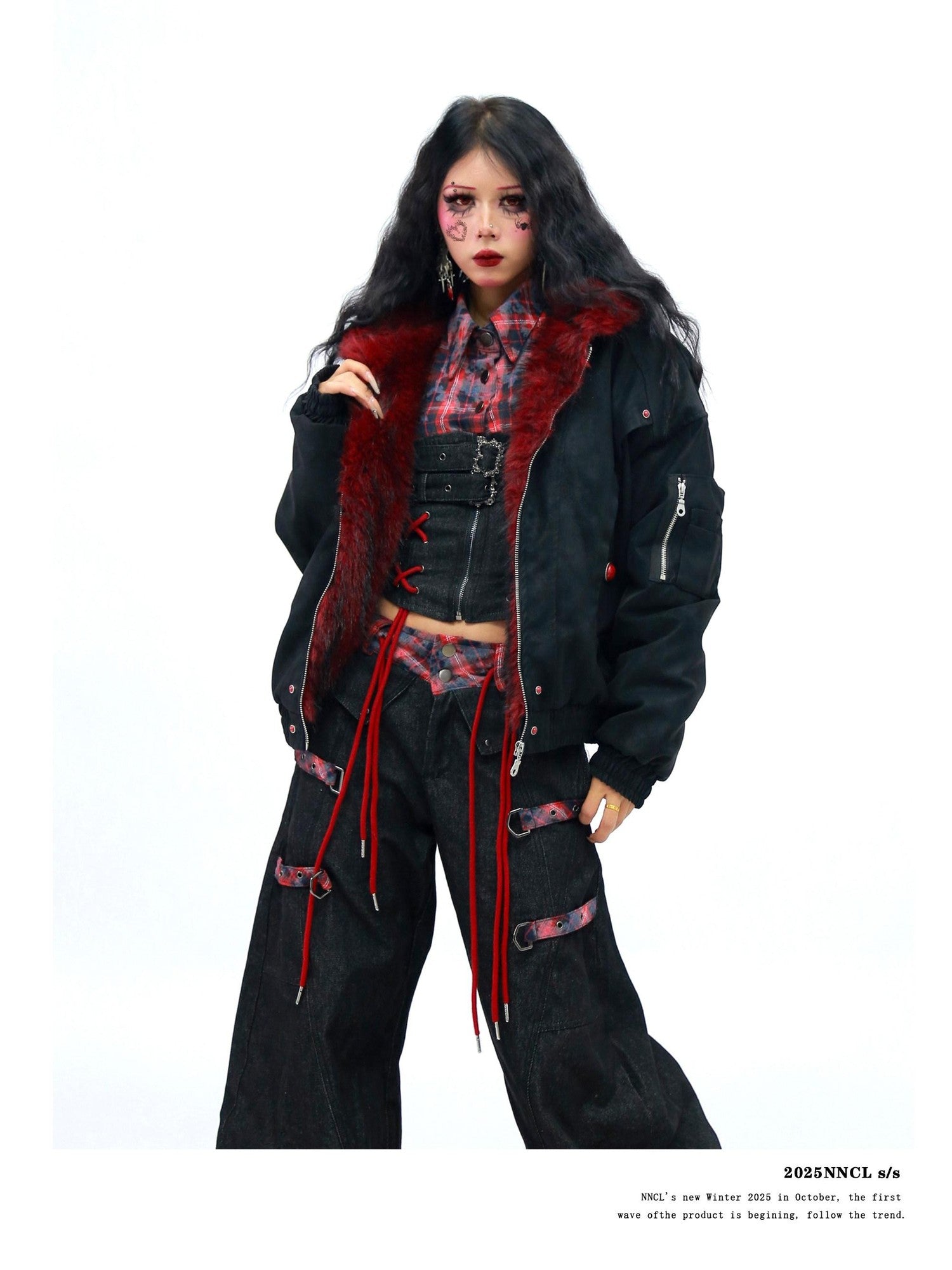 NANAICHILLI Red Fur Collar Hooded Loose Fit Women&