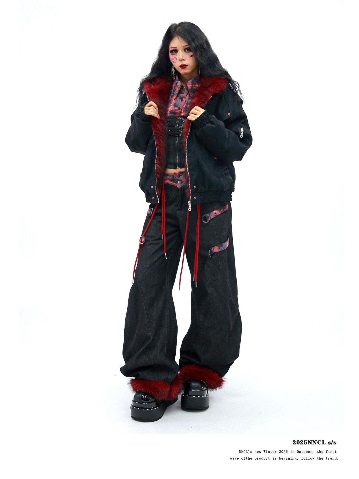 NANAICHILLI Red Fur Collar Hooded Loose Fit Women&