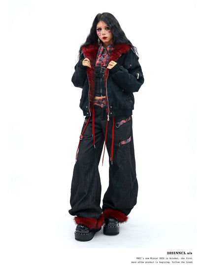 NANAICHILLI Red Fur Collar Hooded Loose Fit Women&