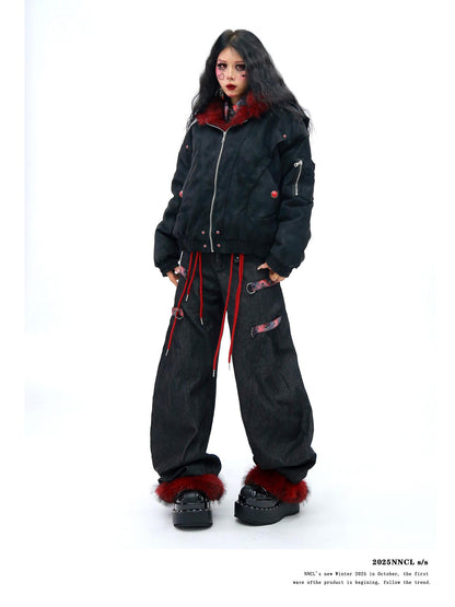 NANAICHILLI Red Fur Collar Hooded Loose Fit Women&