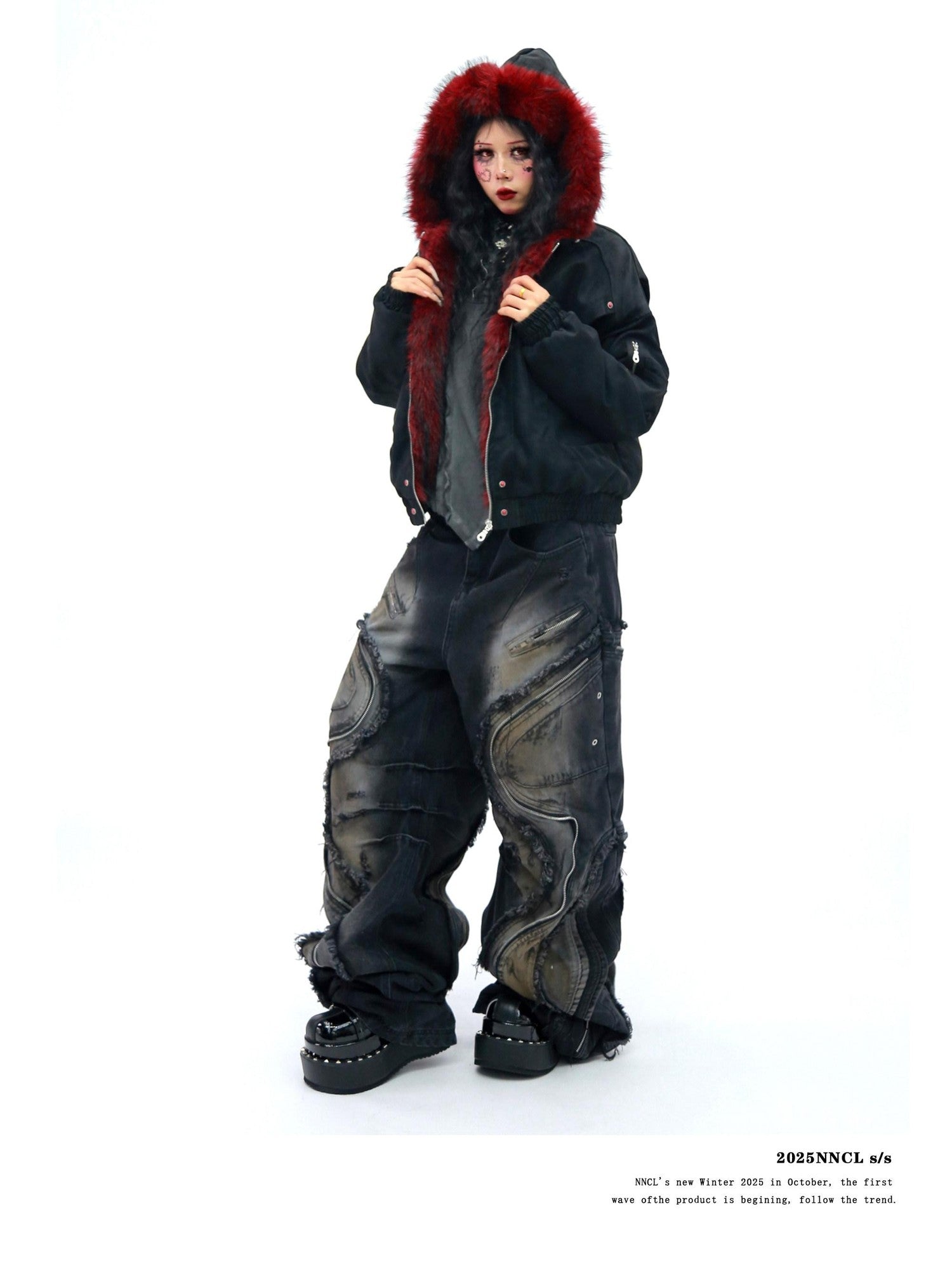 NANAICHILLI Red Fur Collar Hooded Loose Fit Women&
