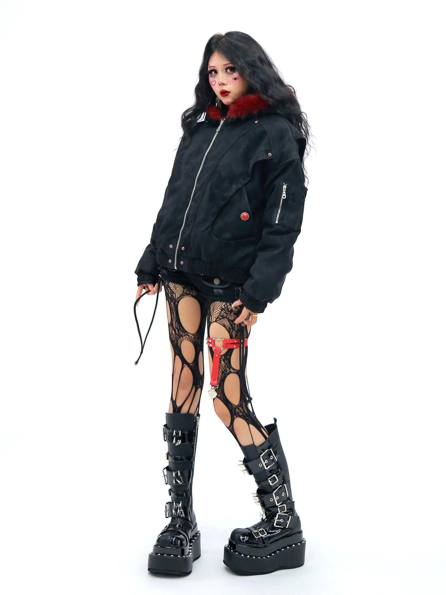 NANAICHILLI Red Fur Collar Hooded Loose Fit Women&