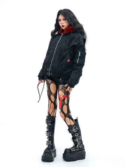 NANAICHILLI Red Fur Collar Hooded Loose Fit Women&