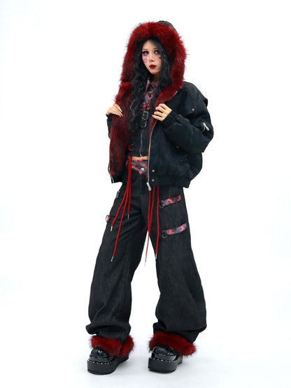 NANAICHILLI Red Fur Collar Hooded Loose Fit Women&