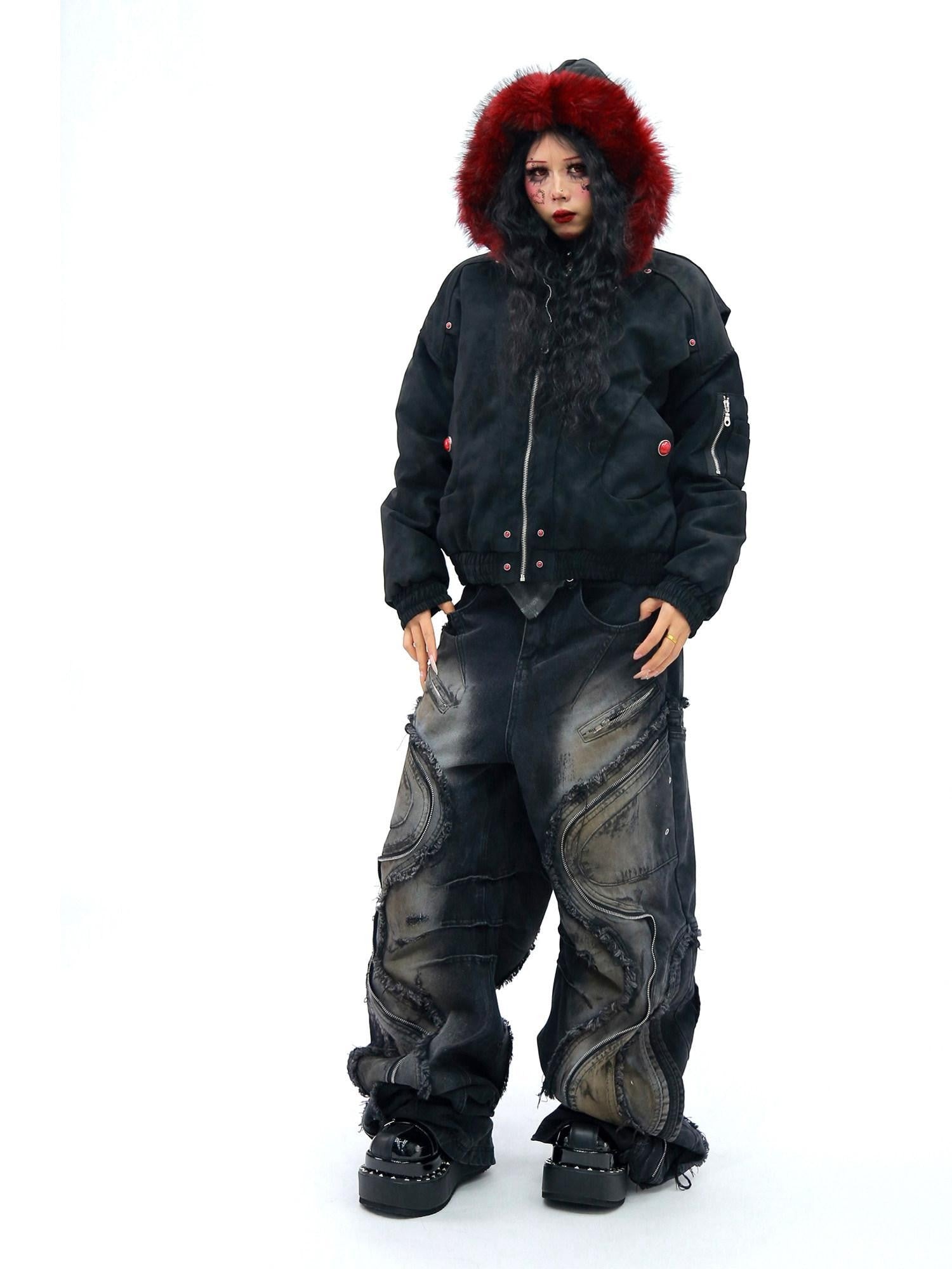 NANAICHILLI Red Fur Collar Hooded Loose Fit Women&