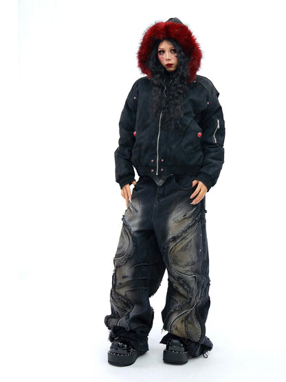 NANAICHILLI Red Fur Collar Hooded Loose Fit Women&