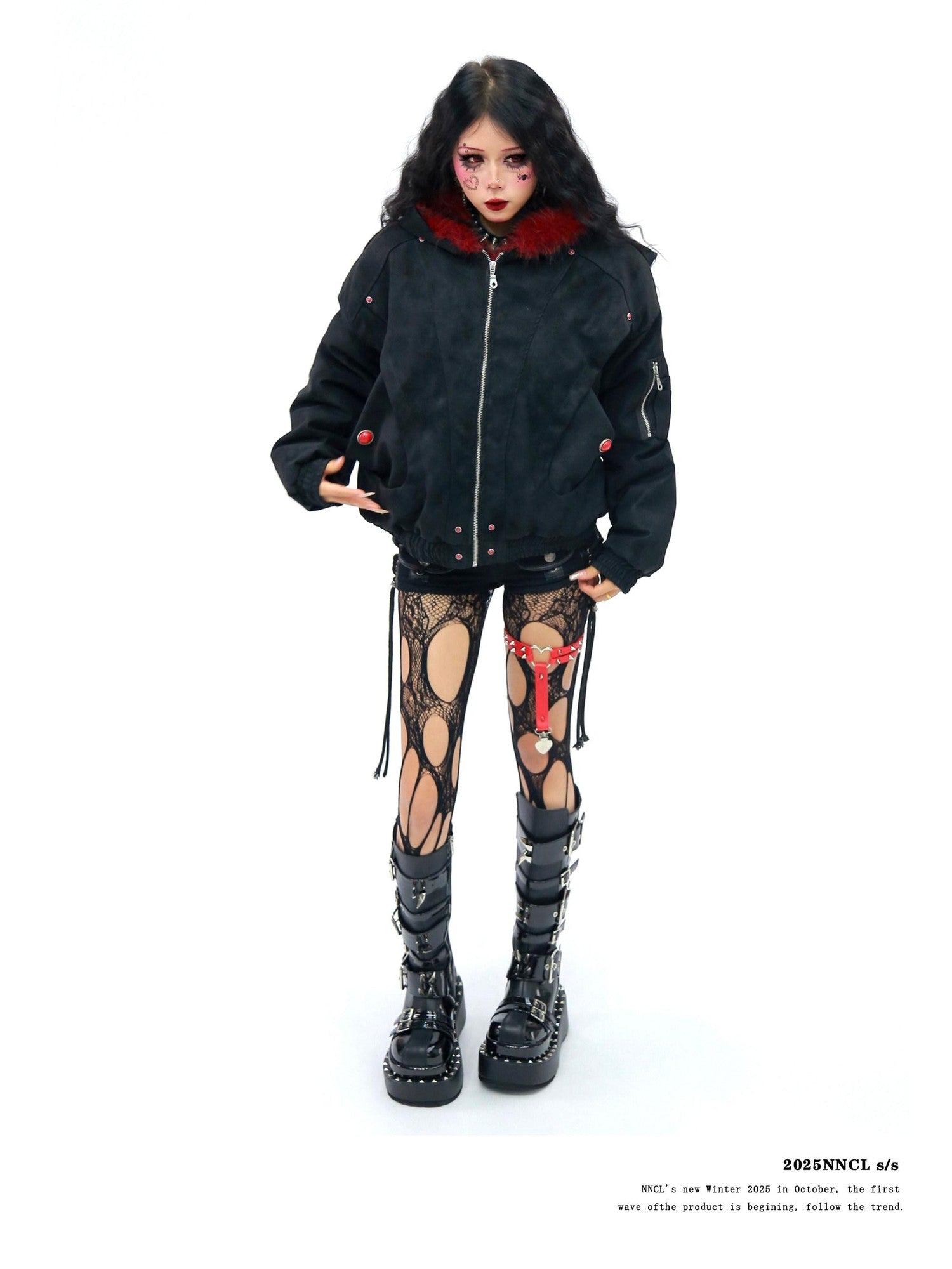 NANAICHILLI Red Fur Collar Hooded Loose Fit Women&