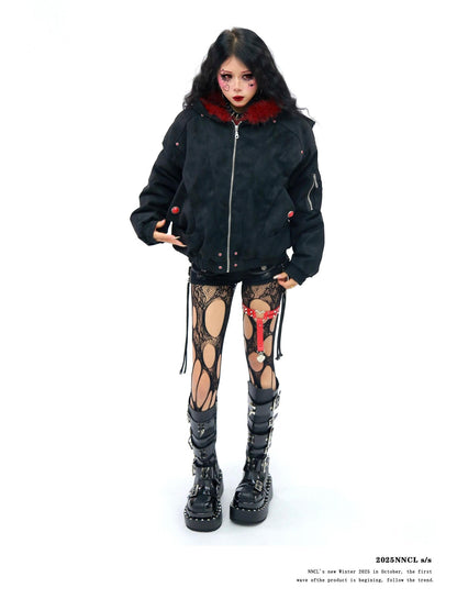 NANAICHILLI Red Fur Collar Hooded Loose Fit Women&