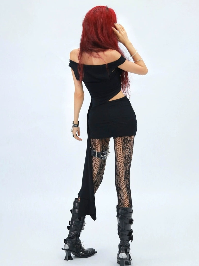 NANAICHILLI Sexy Asymmetric Hem Street Style Short Sleeve Off Shoulder Solid Mini Dresses