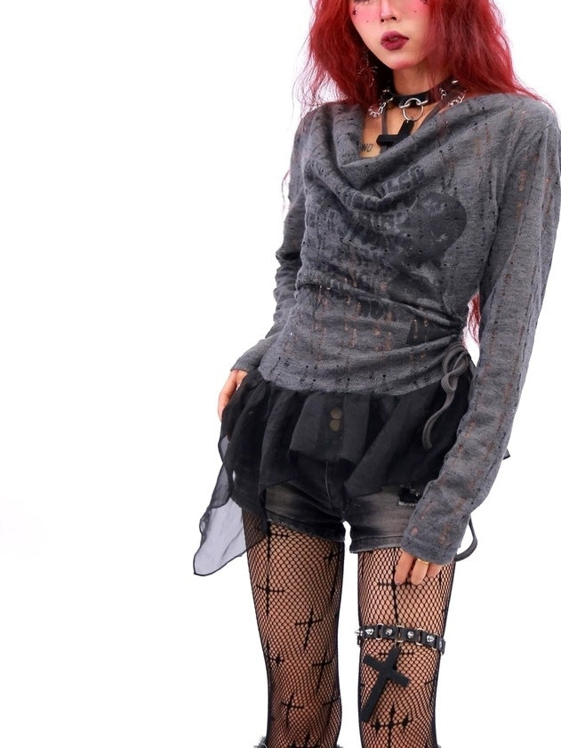 NANAICHILLI Sexy Asymmetric Layered Slim Draped Neck Breathable Women Long Sleeve T-Shirt