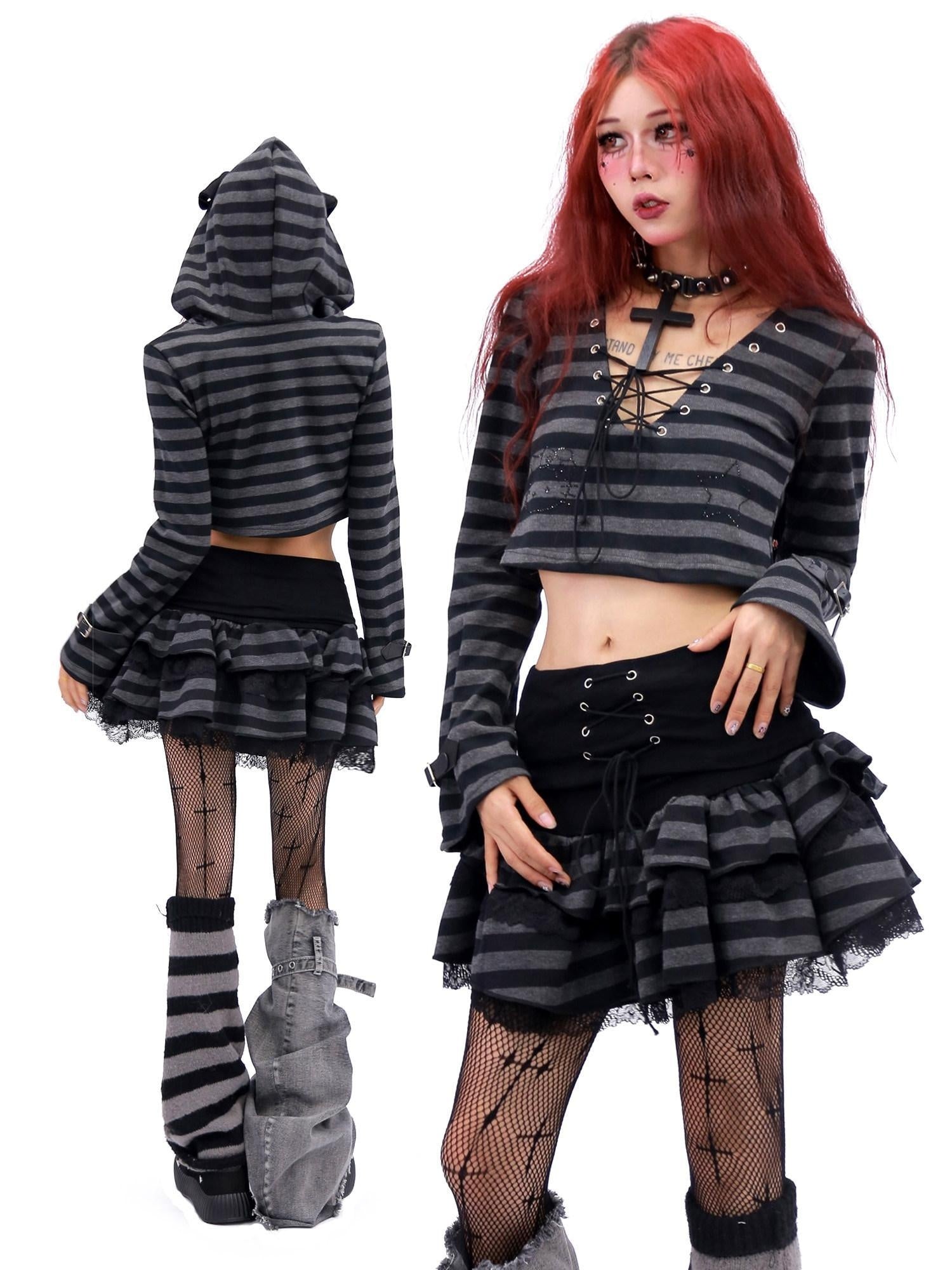 NANAICHILLI Sexy Black Lace Mini Skirt With Hooded Crop Top Casual Chic Two Piece Set