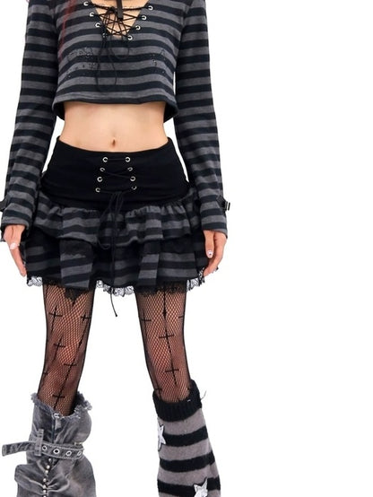 NANAICHILLI Sexy Black Lace Mini Skirt With Hooded Crop Top Casual Chic Two Piece Set