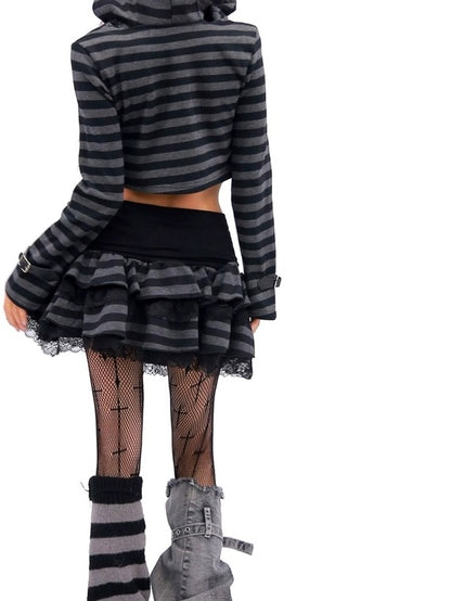 NANAICHILLI Sexy Black Lace Mini Skirt With Hooded Crop Top Casual Chic Two Piece Set