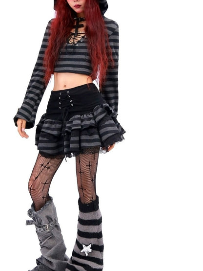 NANAICHILLI Sexy Black Lace Mini Skirt With Hooded Crop Top Casual Chic Two Piece Set