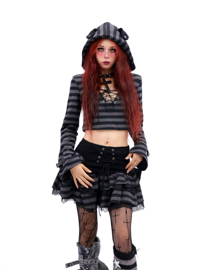 NANAICHILLI Sexy Black Lace Mini Skirt With Hooded Crop Top Casual Chic Two Piece Set