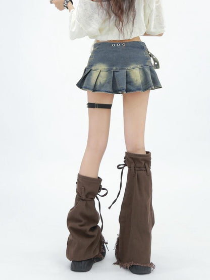 NANAICHILLI Sexy Low Waist Pleated Distressed Cotton Aline Casual Black Blue Mini Skirt