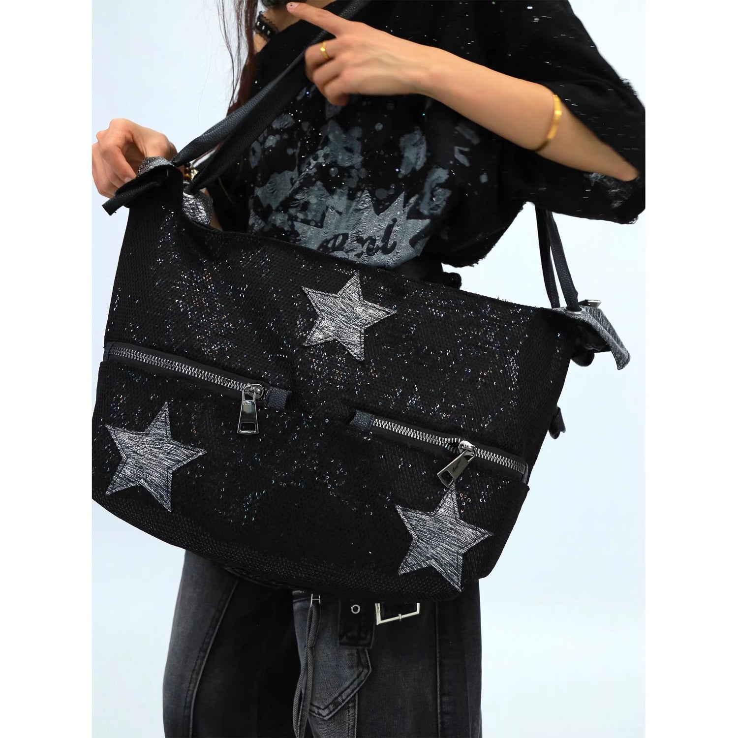 NANAICHILLI_Shiny_Sequin_Modern_Unisex_Bucket_Tote_Casual_Black_Polyester_Bag_MISSTT