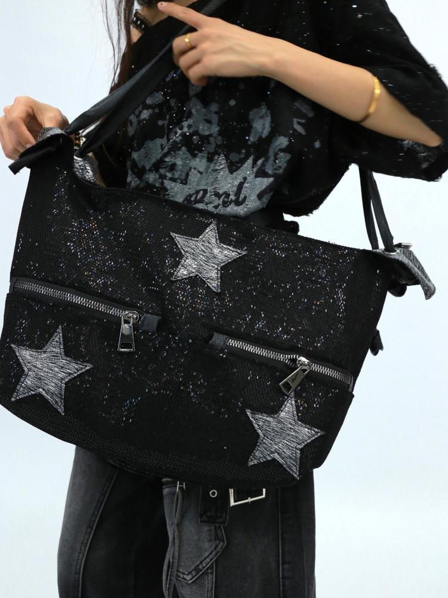 NANAICHILLI Shiny Sequin Modern Unisex Bucket Tote Casual Black Polyester Bag