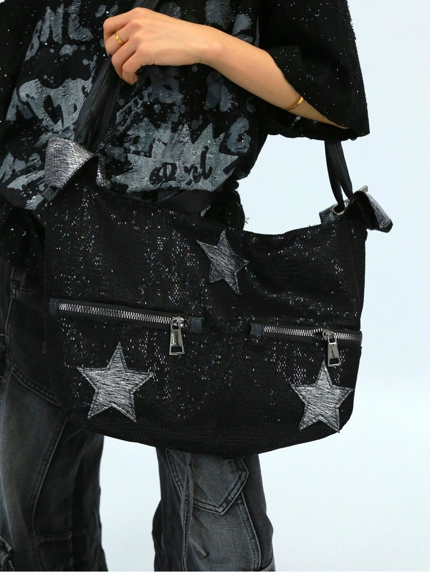 NANAICHILLI Shiny Sequin Modern Unisex Bucket Tote Casual Black Polyester Bag